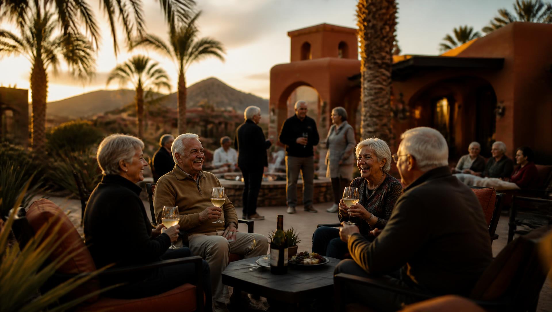 Residents laughing together on the clubhouse patio at golden hour in a desert active-adult community