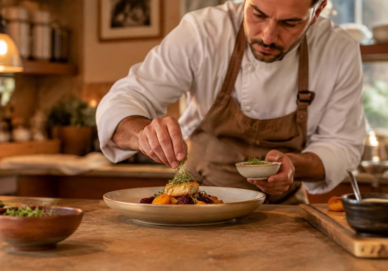 A chef plating a dish in the club bistro kitchen