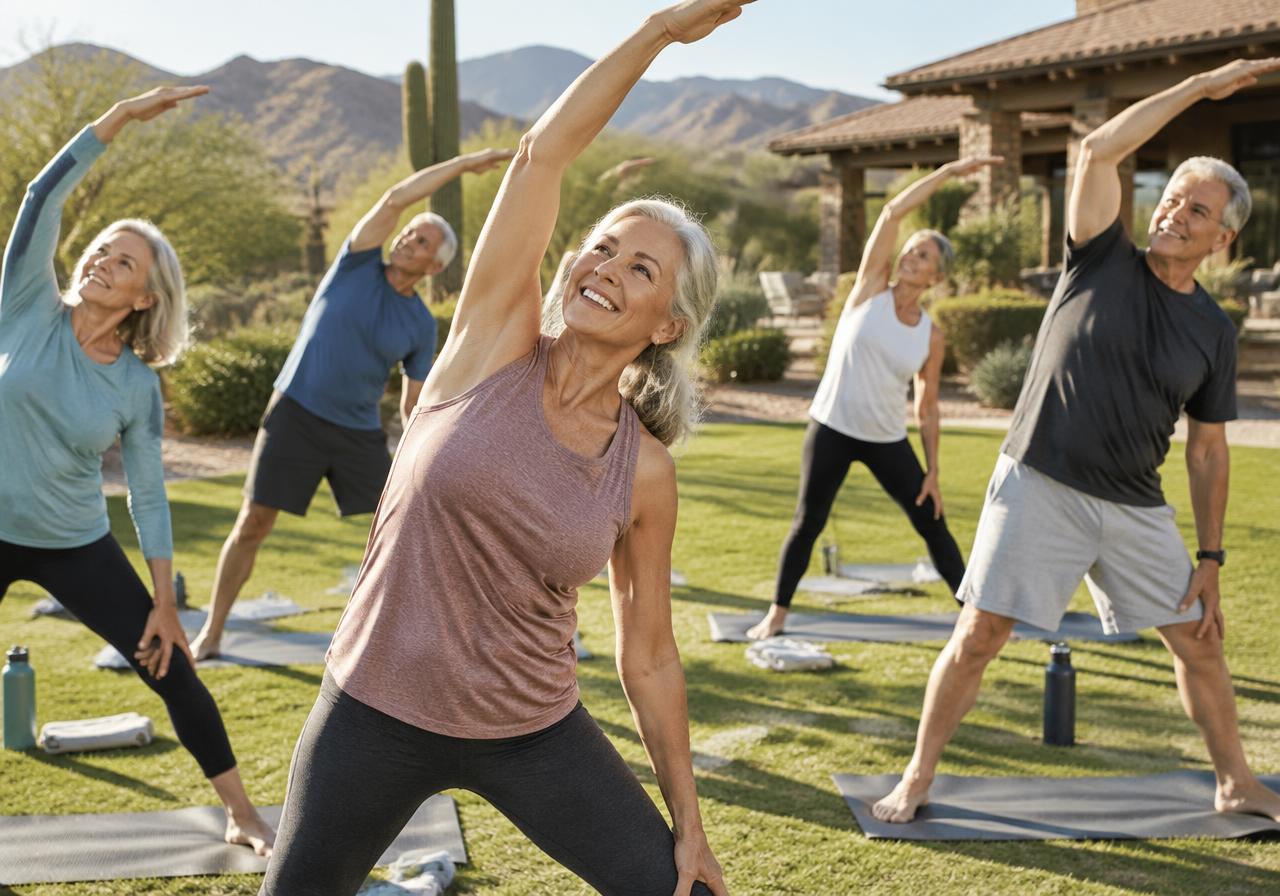 A morning stretch and yoga class on the clubhouse lawn