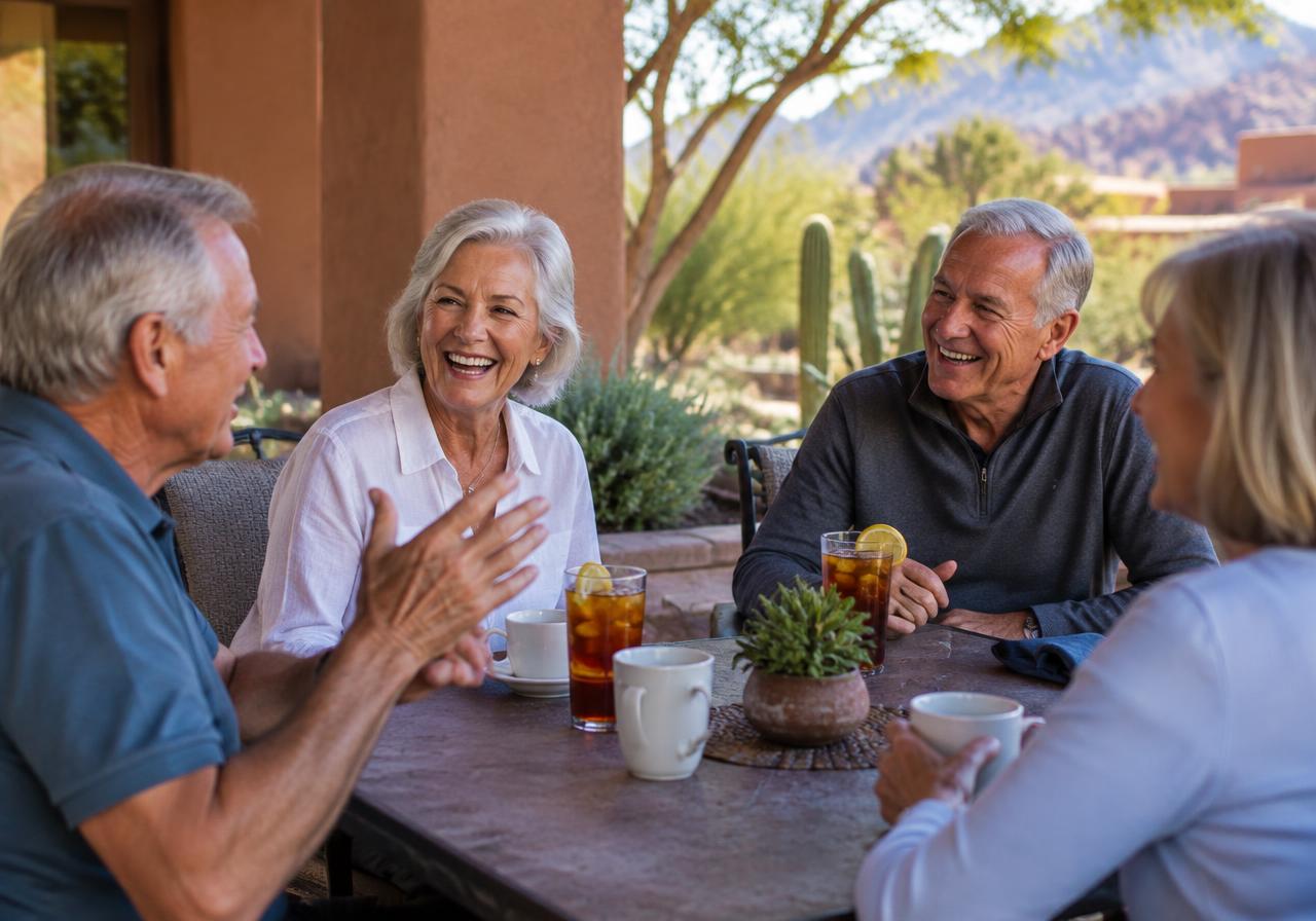 Two residents laughing during an on-camera interview outside their community clubhouse