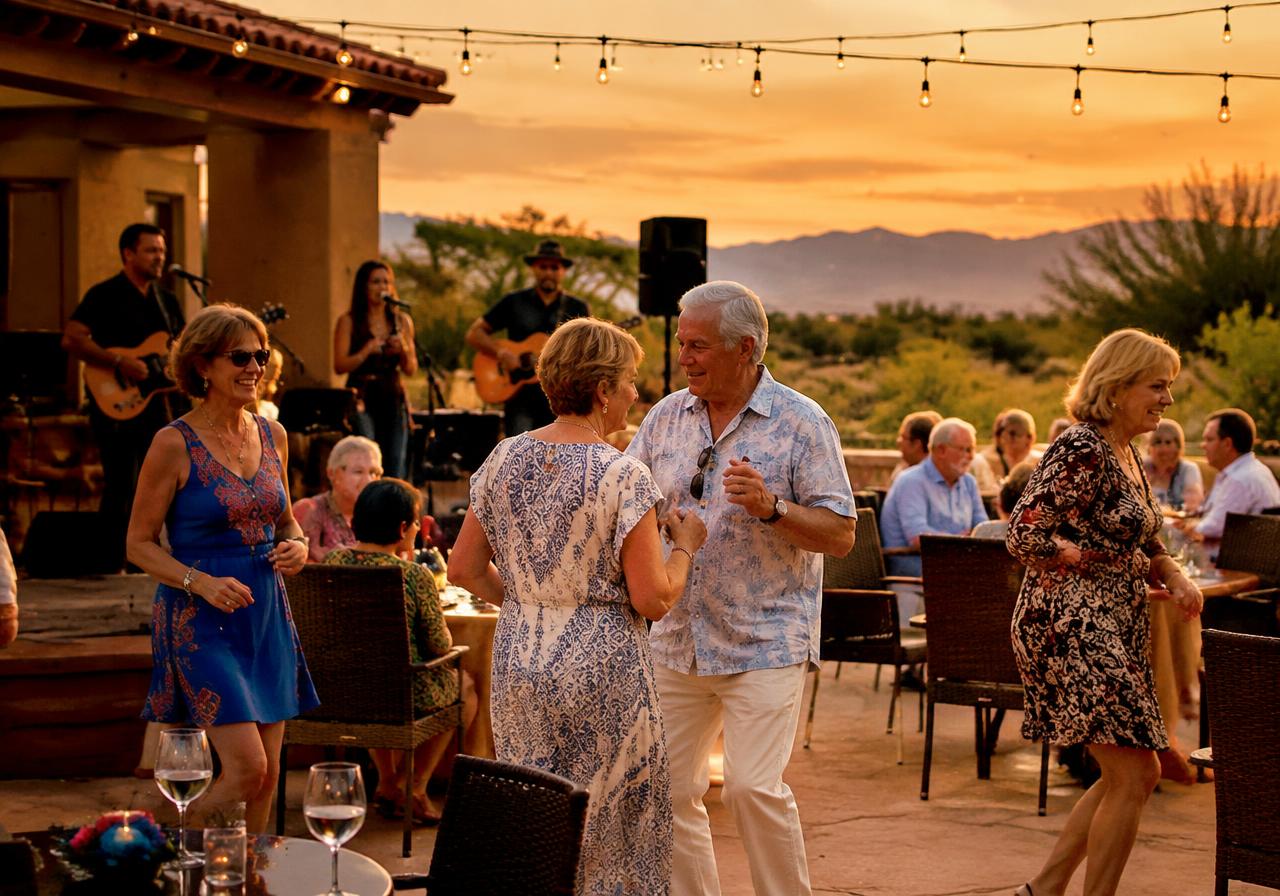 Residents dancing at a live music night on the clubhouse patio under string lights