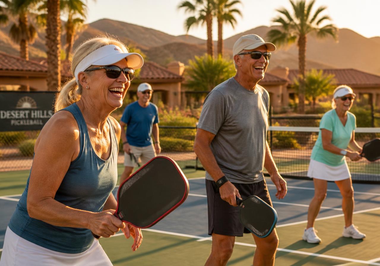 Residents laughing during a pickleball game at golden hour