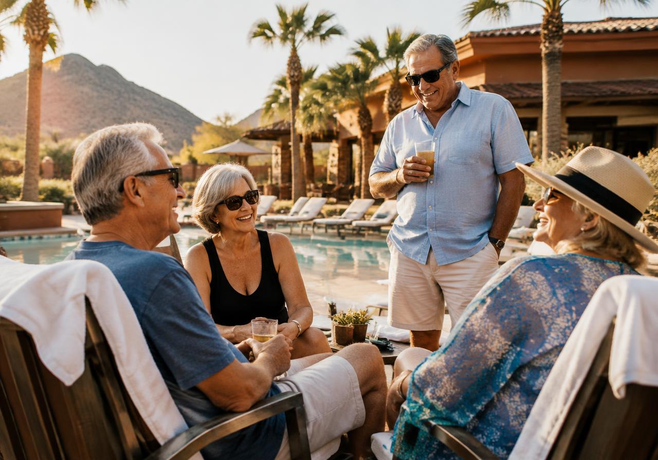 Residents chatting poolside at the clubhouse on a warm afternoon