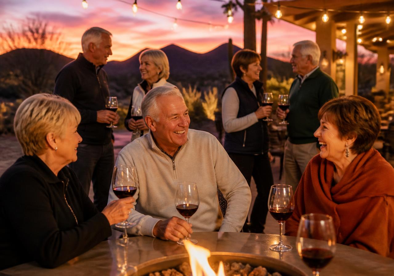 Residents enjoying a wine social on the clubhouse patio at sunset